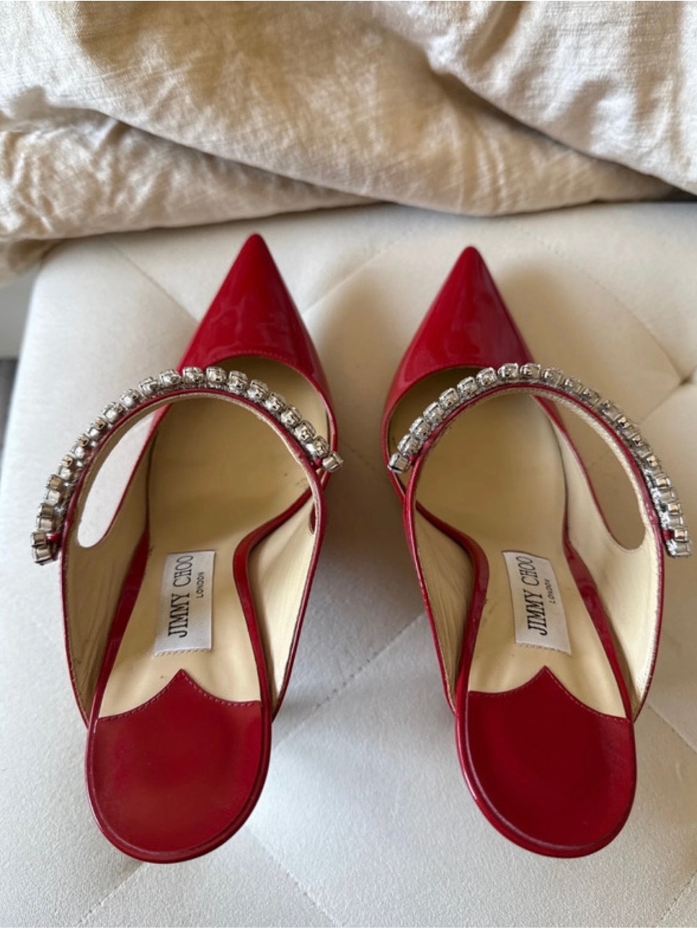 Jimmy Choo Red Patent Pointed Toe Crystal-Strap Mules - Picture 3 of 11